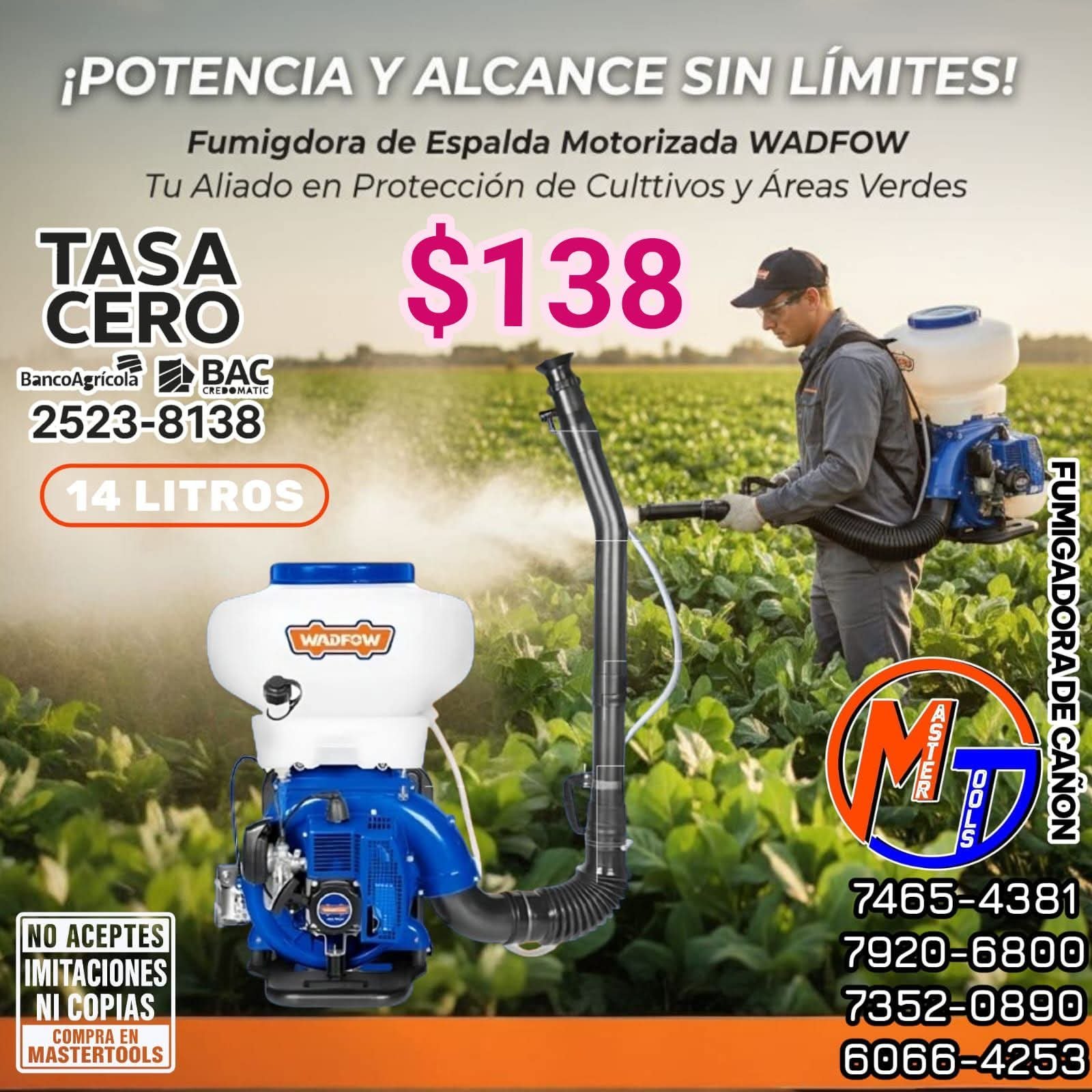 Fumigadora de mochila de 14 litros de cañón wadfow